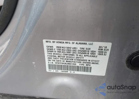 2018 Honda Pilot Ex z USA, uszkodzony, nr VIN 5FNYF6H36JB031453